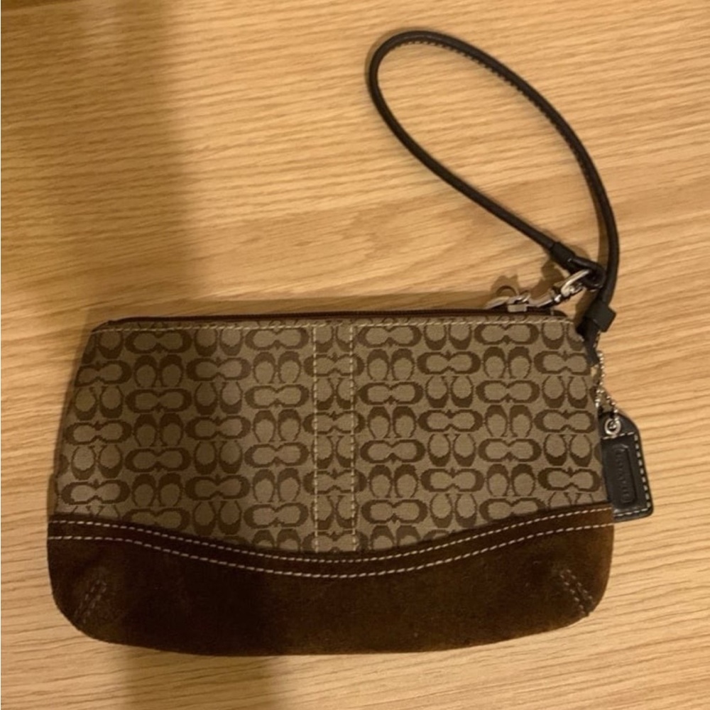 Coach Signature Canvas Brown Suede Trim Wristlet